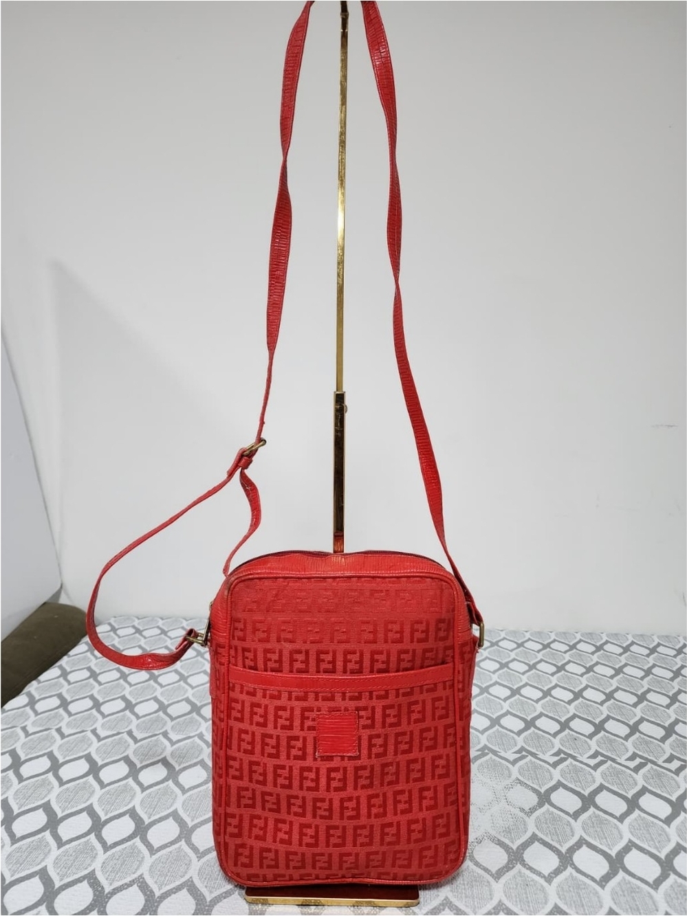 Fendi Vintage Zucchino Zucca Pattern Logo Crossbody Bag Red